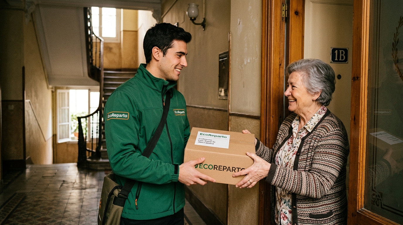 Repartidor educado y paciente entregando en domicilio de Madrid